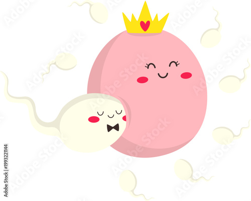 Cute and Kawaii Character Fertilization Sperm Egg Cell for Concept Education. Vector Isolated