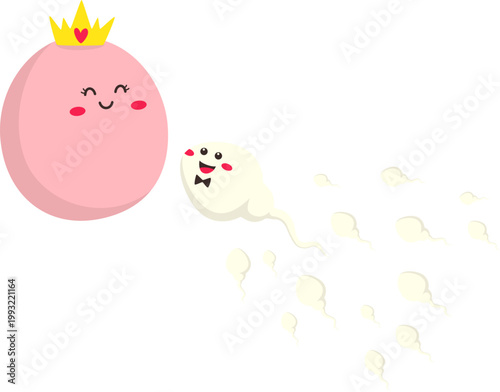 Cute and Kawaii Character Fertilization Sperm Egg Cell for Concept Education. Vector Isolated