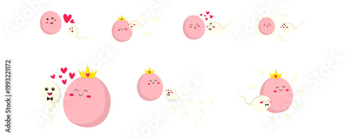 Set of Cute and Kawaii Character Fertilization Sperm Egg Cell for Concept Education. Vector Isolated