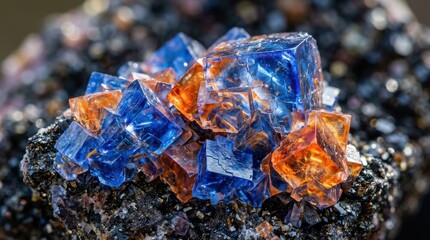 Macro shot of vibrant cubic crystals in blue and orange, abstract mineral texture with luminous geometric detail and modern visual contrast, polished realistic finish, no logos