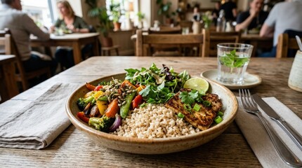 Restaurant dish with rice and vegetables, balanced plated meal, colorful healthy dining concept, clean presentation, realistic detail, no logos