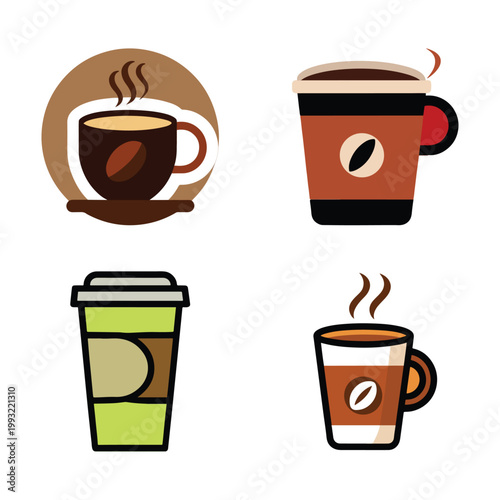 Cartoon coffee cups with lids and saucers on white background