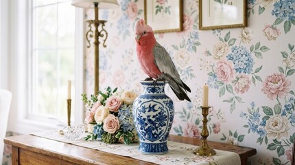 Pink cockatoo perched on a blue and white porcelain vase before pastel floral wallpaper, elegant tropical bird portrait with soft color harmony and whimsical interior decor, no logos