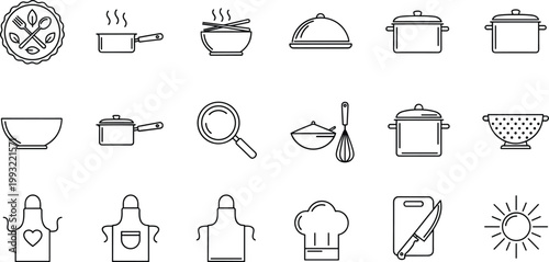 Black line vector icon set of kitchen cooking tools chef hat aprons pots and restaurant culinary elements,