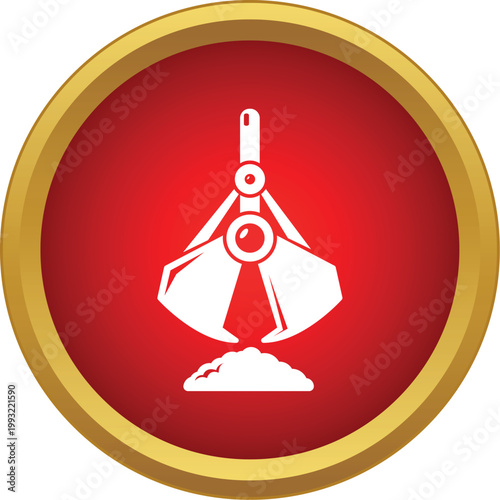 Industrial grab bucket picking up material in a red circular icon