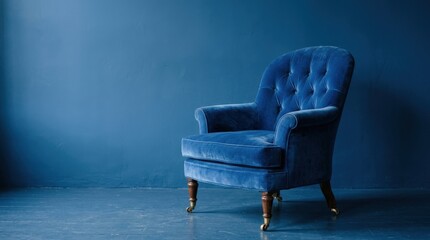 Classic blue armchair on blue background, vintage furniture concept with elegant shape and clean copy space, realistic detail, no logos
