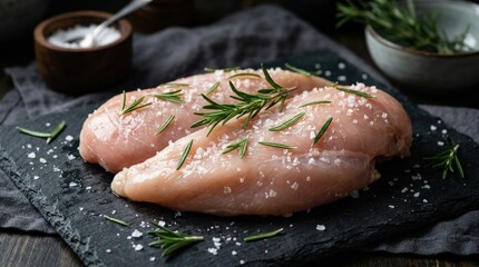 Close up view of raw chicken fillet with rosemary and sea salt, fresh poultry ingredient with clean preparation styling and natural texture, dark background, realistic food photography, no logos