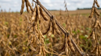 Close up dry soybean pods hanging from plant stem in field, agricultural harvest detail, natural crop texture and earthy tones, soft outdoor light, no logos