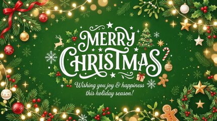 White Merry Christmas lettering with festive holiday symbols on green background, creative seasonal banner, winter celebration concept, clean copy space, bright cheerful composition, no logos