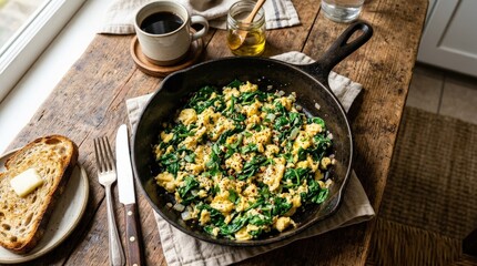 Cast iron skillet with eggs and spinach for healthy breakfast, rustic morning meal, wholesome ingredients and appetizing top view, no logos