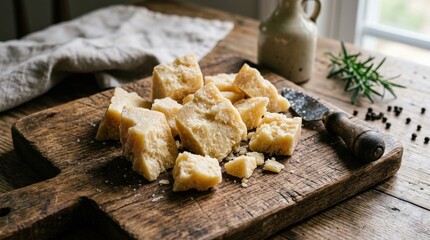 Fresh Parmesan cheese chunks arranged on a wooden board, gourmet dairy ingredient, rustic food presentation, savory texture close-up, natural light, no logos