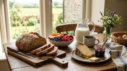 Farm fresh breakfast with bread, milk, fruit and cheese, wholesome morning meal arranged with rustic charm and natural ingredients, bright soft light, realistic food photography, no logos