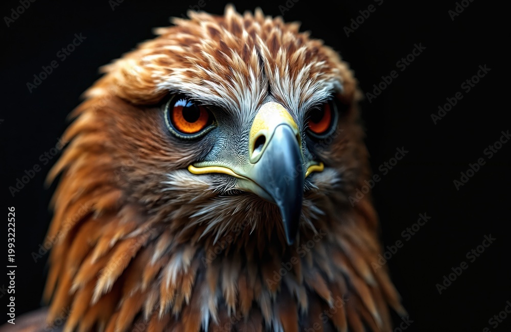Obraz premium Close up portrait of a brown eagle with bright orange eyes and sharp beak. Wild bird gazes intently on black background. Fierce predator shows regal look with detailed feathers.