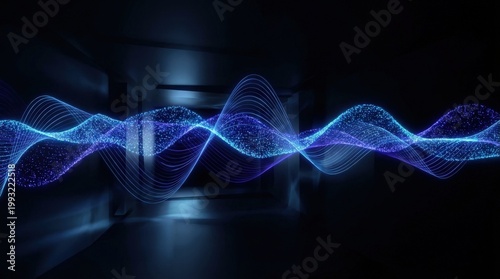 A blue glowing sound wave spectrum stretching across a dark background, pulsing light, smooth frequency lines and immersive depth, cool illumination and futuristic music atmosphere, ultra-realistic,