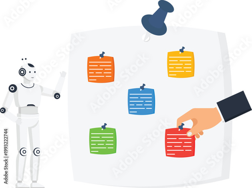 Humanoid robot artificial intelligence solving business question mark new idea lightbulb digital innovation machine learning future technology modern concept human interaction flat design