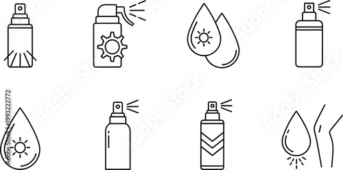 Black line vector icon set of sun protection spray sunscreen lotion bottles and skincare UV defense elements,
