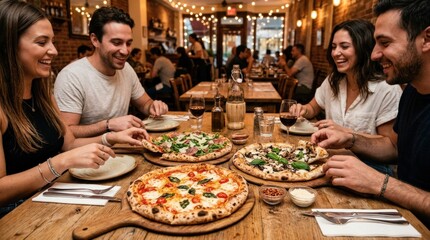 Restaurant table with pizzas served for sharing, casual dining spread with warm baked crusts and inviting atmosphere, realistic detail, no logos