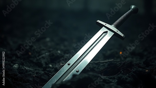 Medieval greatsword thrust into scorched earth on battlefield.