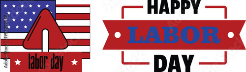 Happy Labor Day icon set typography designs with USA flag elements, wrench tools and patriotic colors in red, blue and gray, perfect for holiday greetings, posters and celebration graphics.