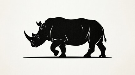 Black silhouette of a rhinoceros walking on a surface, strong wildlife profile, minimal animal shape on clean background, bold contrast, no logos