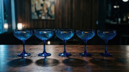 Row of monochrome blue cocktail glasses with soft shadows, moody retro still life with cinematic composition and minimalist 90s-inspired atmosphere, cool lighting, polished realistic finish, no logos