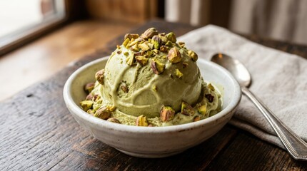 Scoop of creamy pistachio ice cream with chopped nuts, rich frozen dessert close-up, premium sweet treat, appetizing texture, clean styling, no logos