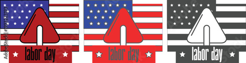 Happy Labor Day icon set typography designs with USA flag elements, wrench tools and patriotic colors in red, blue and gray, perfect for holiday greetings, posters and celebration graphics.