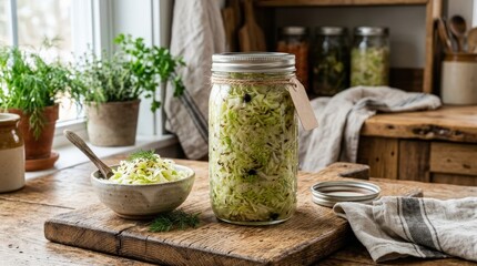 Fresh probiotic sauerkraut in a glass jar on a wooden board, fermented cabbage in a rustic kitchen setting with clean healthy food styling, natural light, realistic detail, no logos