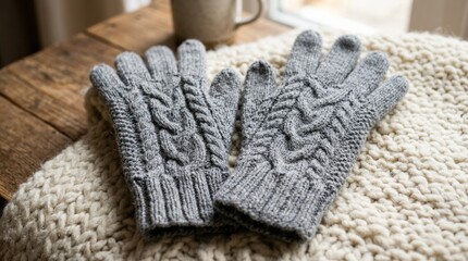 Pair of intricately knitted gray gloves, cozy handmade textile close-up with soft winter texture and fine craftsmanship, realistic detail, no logos