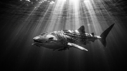 Majestic whale shark swimming gracefully under sunbeams in black and white, giant ocean animal in dramatic underwater scene, rays of light from above, serene marine wildlife photography, no logos