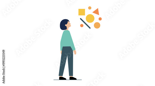 Man looking at floating shapes.