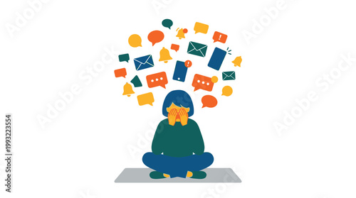 Person meditating with thoughts floating.