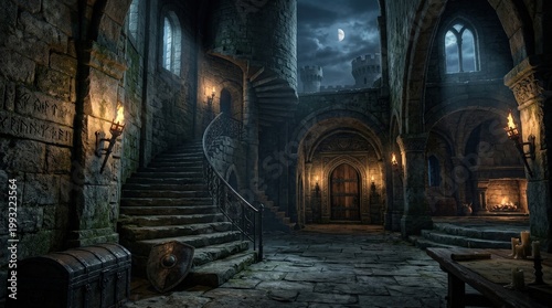 Medieval fantasy background with ancient stone textures, moody castle-like atmosphere and mystical depth for epic storytelling themes, dramatic light, realistic detail, no logos