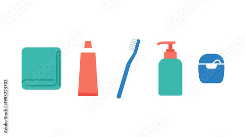 Set of flat vector icons for daily dental and body hygiene care products.
