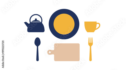Set of minimalist flat vector kitchenware icons including plate teapot and utensils.