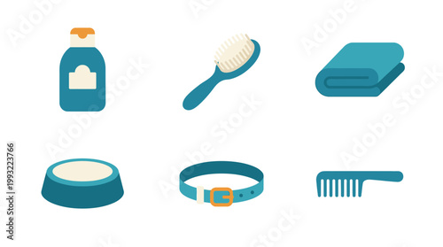 Set of Essential Pet Grooming and Care Accessories Icons.