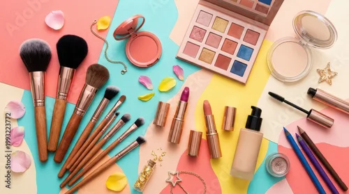 Obraz Selection of makeup brushes and cosmetics on a colorful background, vibrant beauty flat lay, professional tools and products, playful feminine composition, clean studio lighting, no logos