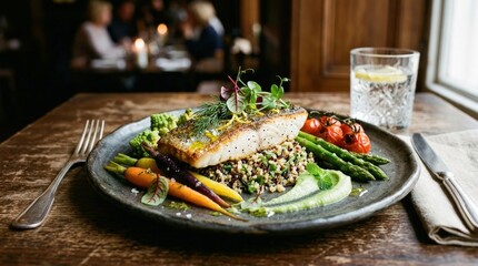 Restaurant dish with vegetables and fish, healthy gourmet meal, refined presentation, realistic food photography, no logos