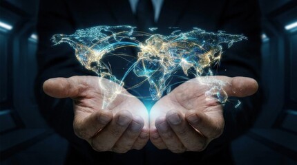 Hands holding a glowing digital map of the world, global network and technology concept with luminous continents and futuristic communication theme, dark background, polished detail, no logos