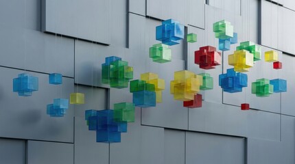 Floating multicolor cube clusters on grey, abstract geometric composition with modern depth and playful color contrast, clean realistic light, no logos