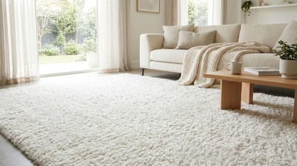 Soft fluffy white shag carpet in a modern home interior, cozy decor and floor texture concept with clean minimal styling, bright natural light, realistic detail, no logos