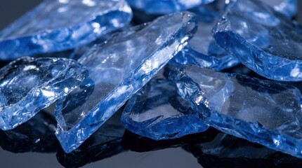 Blue translucent rough cut glass or crystal shards close up with reflections, abstract material texture background with sharp edges and luminous surfaces, studio lighting, high detail, no logos