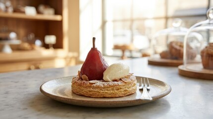 Pastry with poached pear and cream, elegant bakery dessert, delicate sweet presentation, soft natural light, realistic food photography, no logos