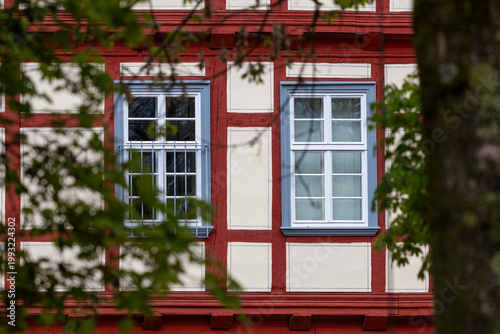 Facade of a historic half-timbered townhouse in the spa town of Bad Hersfeld, Hesse, Germany