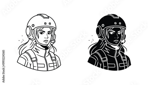 Female pilot or astronaut character with helmet and communications headset icon set in line art and solid black silhouette for aviation and space themes