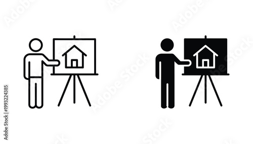 Real estate agent presenting house on flipchart icon set featuring line art and solid black silhouette for business presentation and property marketing