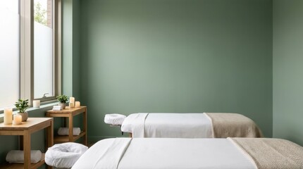 Spa concept with two massage beds on green background, wellness and relaxation setting with clean copy space, realistic detail, no logos