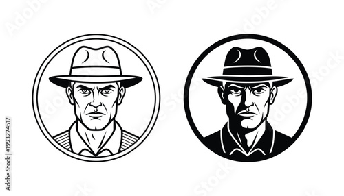Private detective or classic noir investigator icon wearing a fedora hat for mysterious crime and thriller branding projects