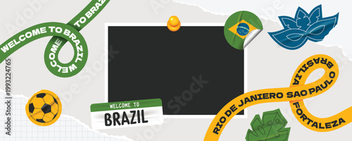 Schilderij op canvas Welcome to brazil travel frame collage photos with scrapbook torn paper style