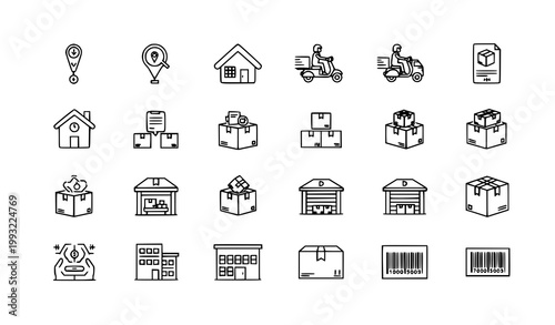 Modern warehouse service line icon set for shipping delivery and logistics UI design on white